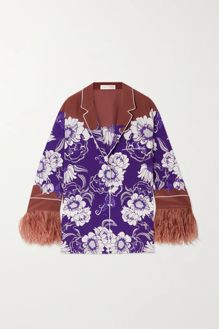 유럽직배송 발렌티노 셔츠 VALENTINO Feather-trimmed printed silk crepe de chine shirt 33258524072485057