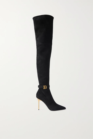유럽직배송 발망 롱부츠 BALMAIN Raven logo-embellished stretch-suede over-the-knee boots 38063312420876312
